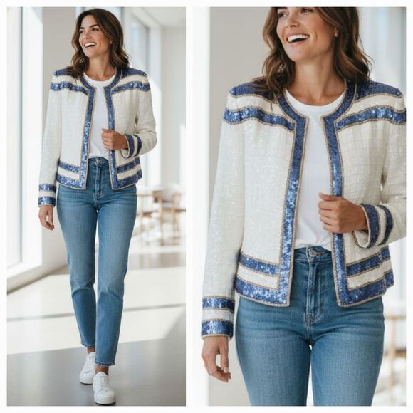 Vintage Carolyn Barton 100% Silk Beaded Evening Jacket in Ivory/Sea Blue Size M - Picture 1 of 16